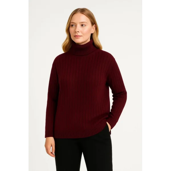 Kadın Balıkcı Yaka Bağazlı Triko Kazak Pamuklu Kalın Fitilli Dokuma - Bordo