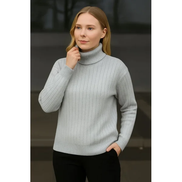 Kadın Balıkcı Yaka Bağazlı Triko Kazak Pamuklu Kalın Fitilli Dokuma - Gri