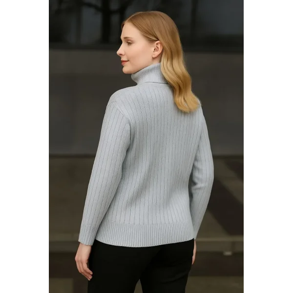 Kadın Balıkcı Yaka Bağazlı Triko Kazak Pamuklu Kalın Fitilli Dokuma - Gri