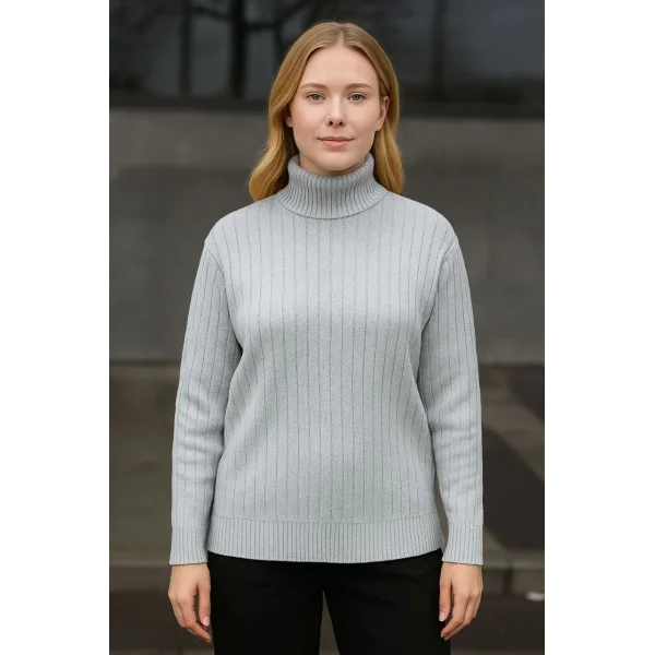 Kadın Balıkcı Yaka Bağazlı Triko Kazak Pamuklu Kalın Fitilli Dokuma - Gri