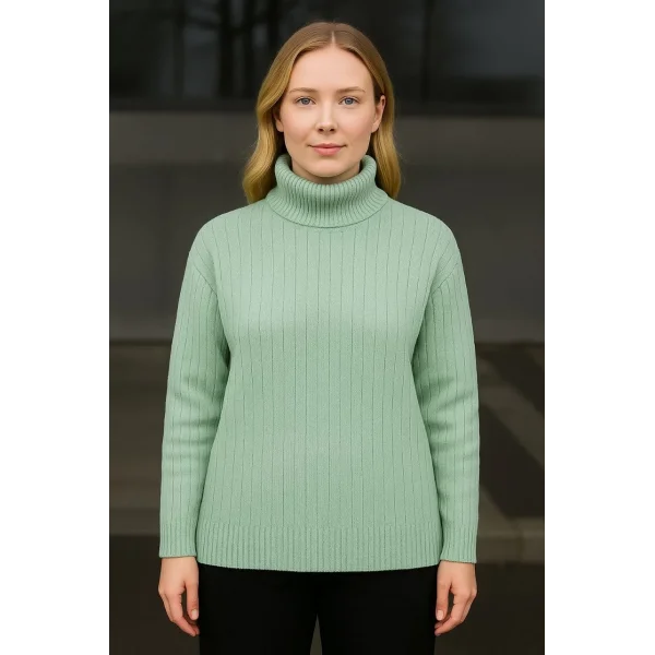 Kadın Balıkcı Yaka Bağazlı Triko Kazak Pamuklu Kalın Fitilli Dokuma - Mint Yeşili