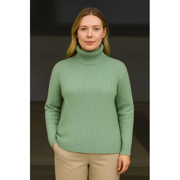 Kadın Balıkcı Yaka Bağazlı Triko Kazak Pamuklu Kalın Fitilli Dokuma - Mint Yeşili