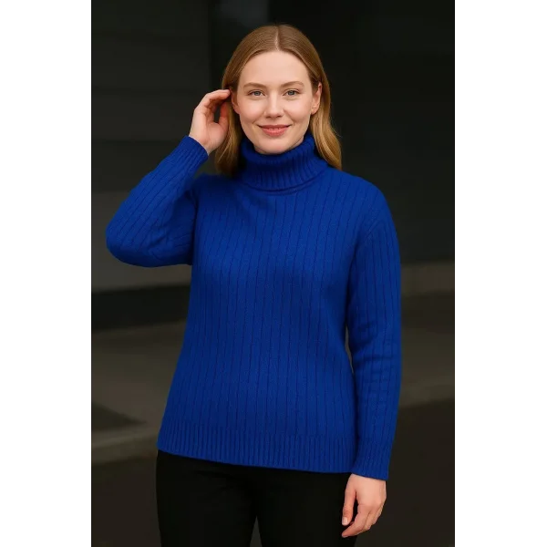 Kadın Balıkcı Yaka Bağazlı Triko Kazak Pamuklu Kalın Fitilli Dokuma - Saks Mavisi