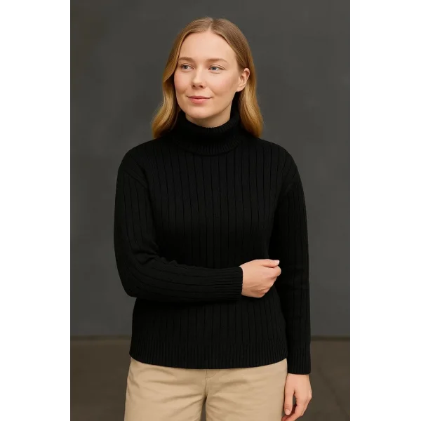 Kadın Balıkcı Yaka Bağazlı Triko Kazak Pamuklu Kalın Fitilli Dokuma - Siyah