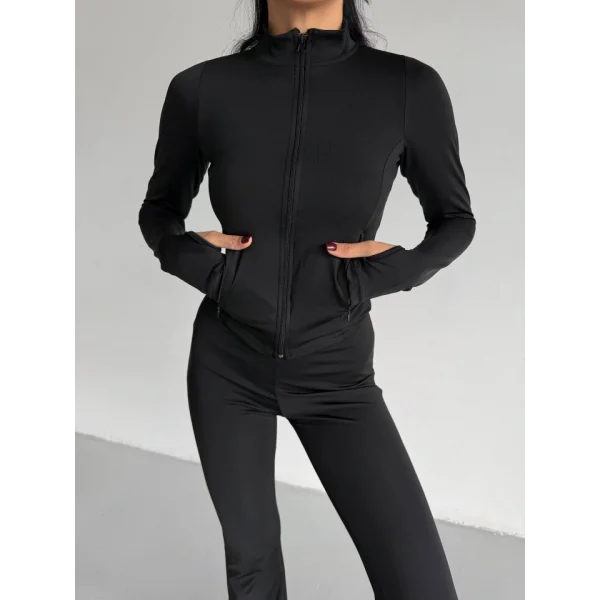 Kadın Balıkçı Yaka Cep Detaylı Ceket Ve Ispanyol Paça Spor Ikili Takım