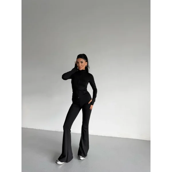 Kadın Balıkçı Yaka Cep Detaylı Ceket Ve Ispanyol Paça Spor Ikili Takım