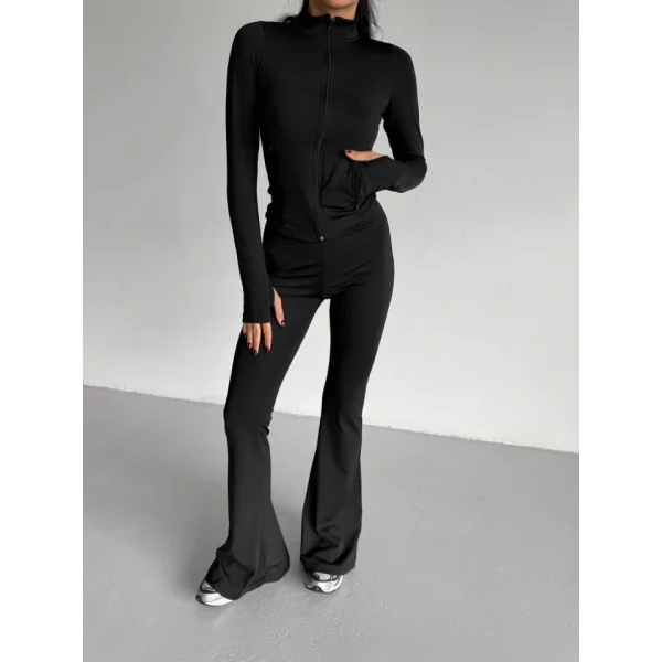 Kadın Balıkçı Yaka Cep Detaylı Ceket Ve Ispanyol Paça Spor Ikili Takım