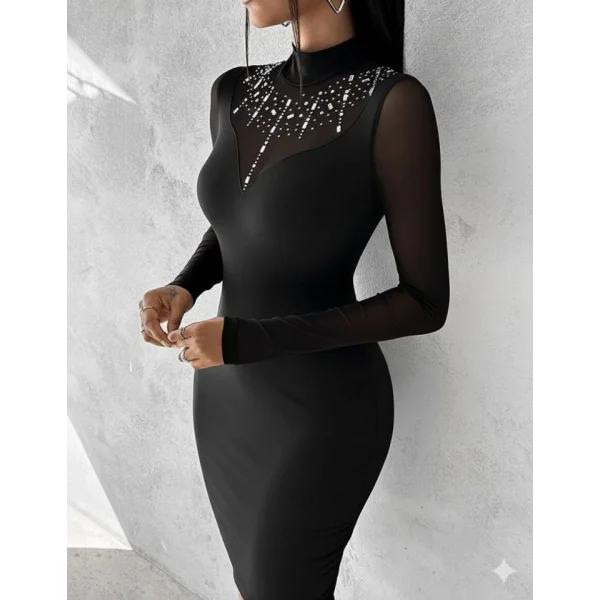 Kadın Balıkçı Yaka Dalgıç Kumaş Taş Ve Transparan Detaydiz üstü Elbise