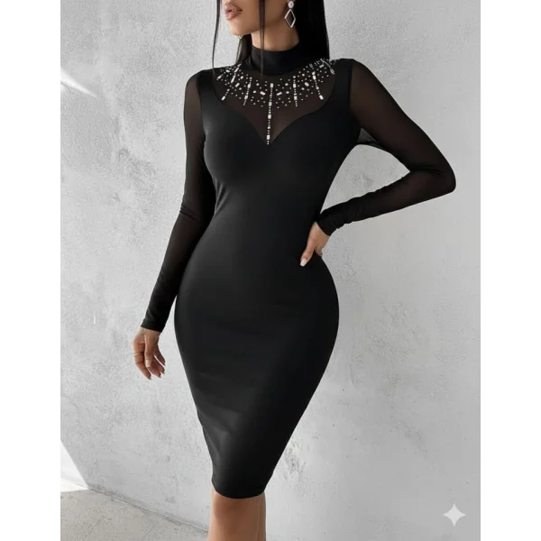 Kadın Balıkçı Yaka Dalgıç Kumaş Taş Ve Transparan Detaydiz üstü Elbise