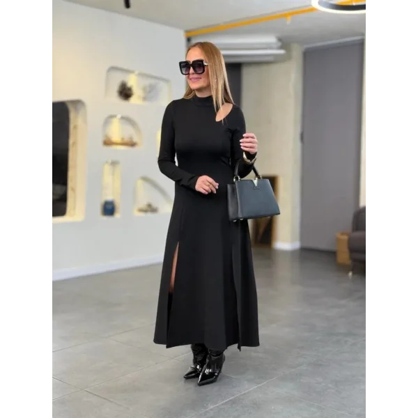 Kadın Balıkçı Yaka Damla Detaylı Yırtmaçlı Uzun Viskon Iki Iplik Maxi Elbise