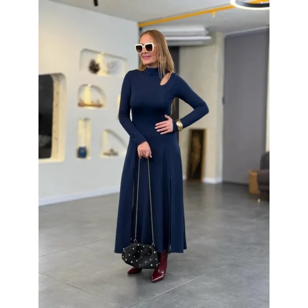 Kadın Balıkçı Yaka Damla Detaylı Yırtmaçlı Uzun Viskon Iki Iplik Maxi Elbise