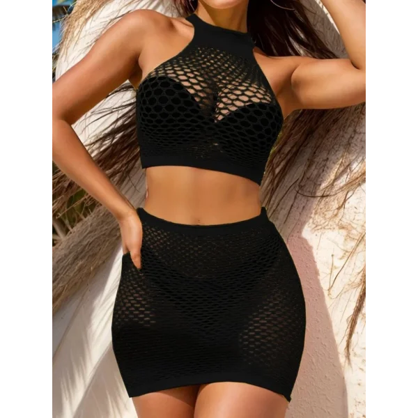 Kadın Balıkçı Yaka Delikli Krop Bluz Ve Etek Triko Ikili Takım