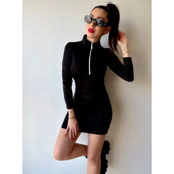 Kadın Balıkçı Yaka Fermuar Detay Mini Elbise