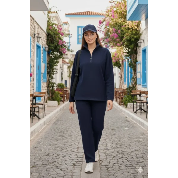Kadın Balıkçı Yaka Fermuar Detay Polar Sweat Ve Pantolon Ikili Takım