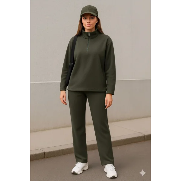 Kadın Balıkçı Yaka Fermuar Detay Polar Sweat Ve Pantolon Ikili Takım