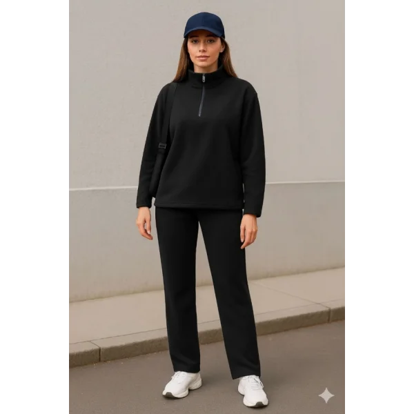 Kadın Balıkçı Yaka Fermuar Detay Polar Sweat Ve Pantolon Ikili Takım