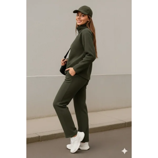 Kadın Balıkçı Yaka Fermuar Detay Polar Sweat Ve Pantolon Ikili Takım