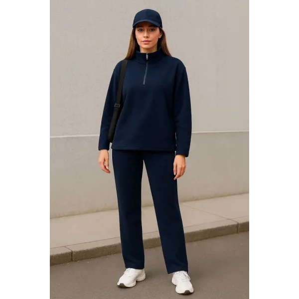 Kadın Balıkçı Yaka Fermuar Detay Polar Sweat Ve Pantolon Ikili Takım