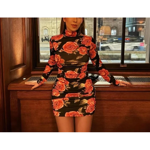 Kadın Balıkçı Yaka Gül Baskılı Fırsat ürün ini Elbise