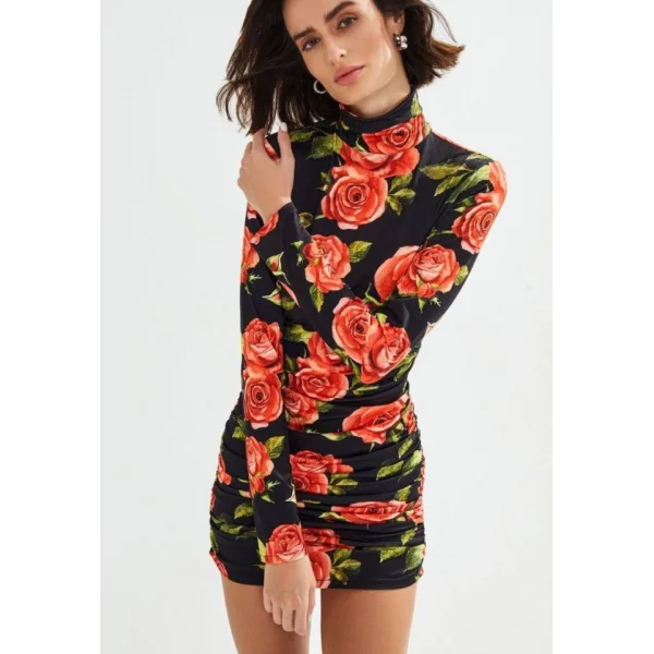 Kadın Balıkçı Yaka Gül Baskılı Fırsat ürün ini Elbise