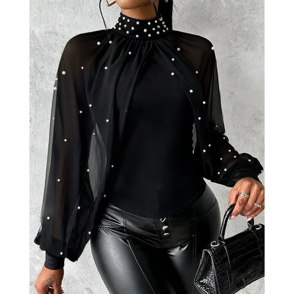 Kadın Balıkçı Yaka Incili Pelerin Ithal Krep Bluz