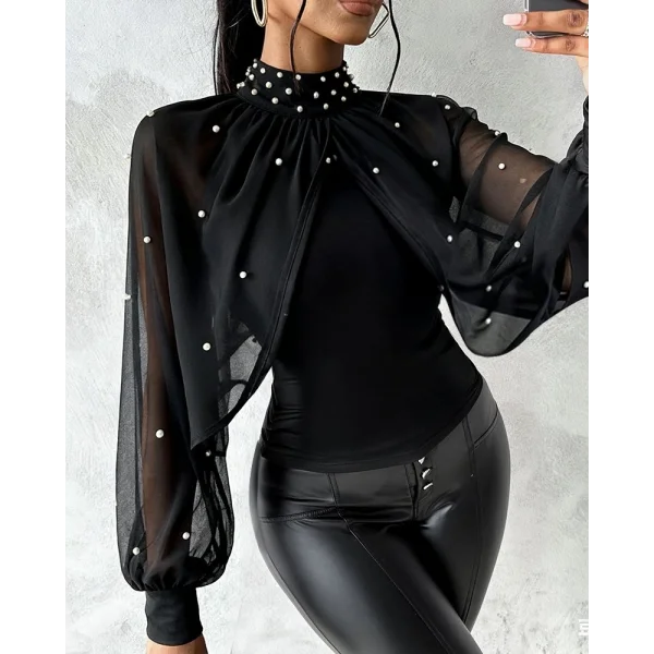 Kadın Balıkçı Yaka Incili Pelerin Ithal Krep Bluz