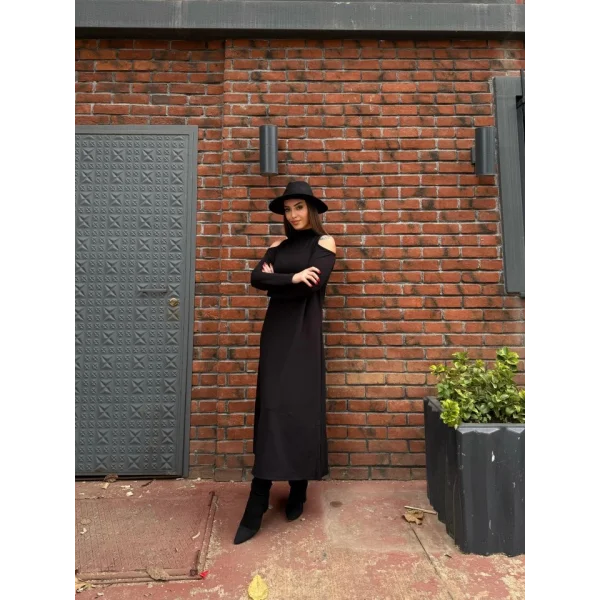 Kadın Balıkçı Yaka Omuzlardan Açık Uzun Kollu Janjan Krep Elbise