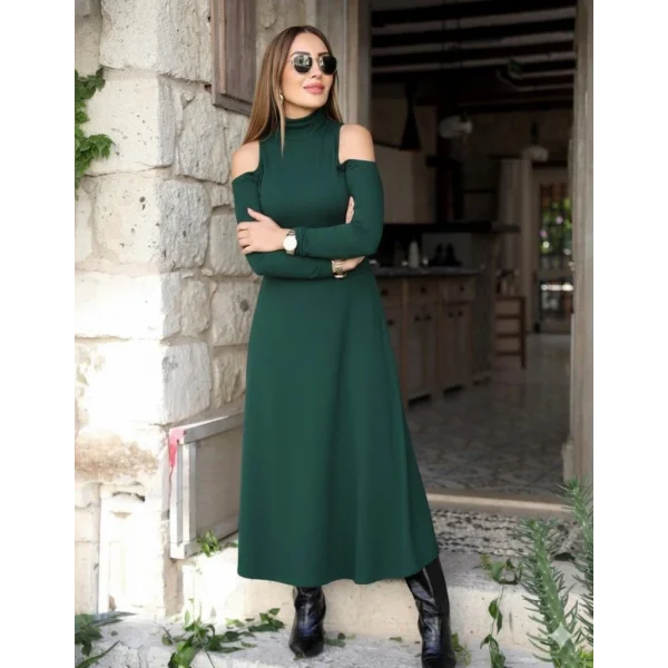 Kadın Balıkçı Yaka Omuzlardan Açık Uzun Kollu Janjan Krep Elbise