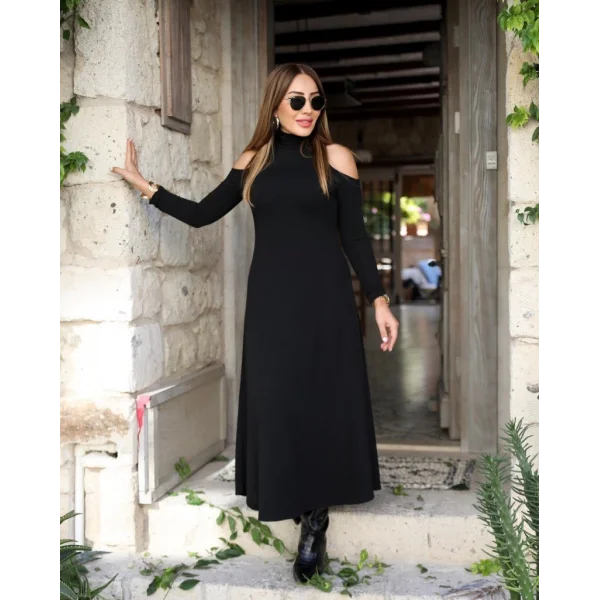 Kadın Balıkçı Yaka Omuzlardan Açık Uzun Kollu Janjan Krep Elbise