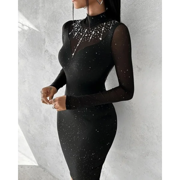 Kadın Balıkçı Yaka Taş Işlemeli Transparan Detay Kalem Elbise