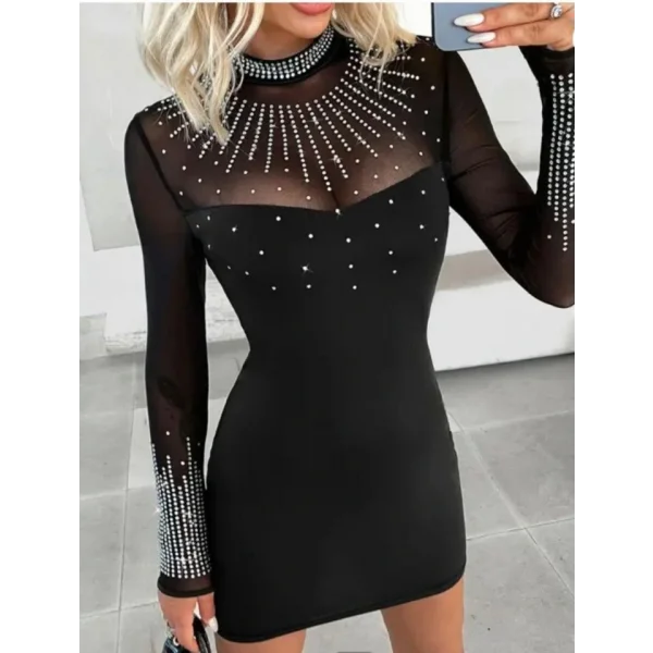 Kadın Balıkçı Yaka Taş Işlemeli Transparan Detay Mini Elbise