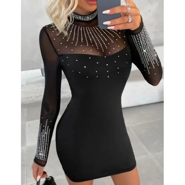 Kadın Balıkçı Yaka Taş Işlemeli Transparan Detay Mini Elbise