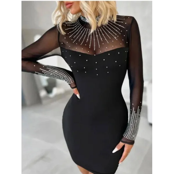 Kadın Balıkçı Yaka Taş Işlemeli Transparan Detay Mini Elbise