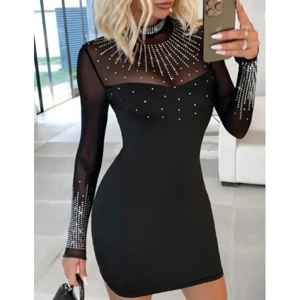 Kadın Balıkçı Yaka Taş Işlemeli Transparan Detay Mini Elbise