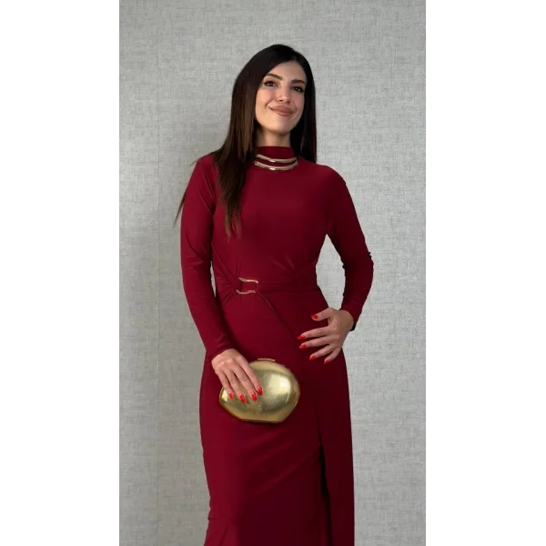 Kadın Balıkçı Yaka Toka Detay Sandy Kumaş Midi Boy Elbise