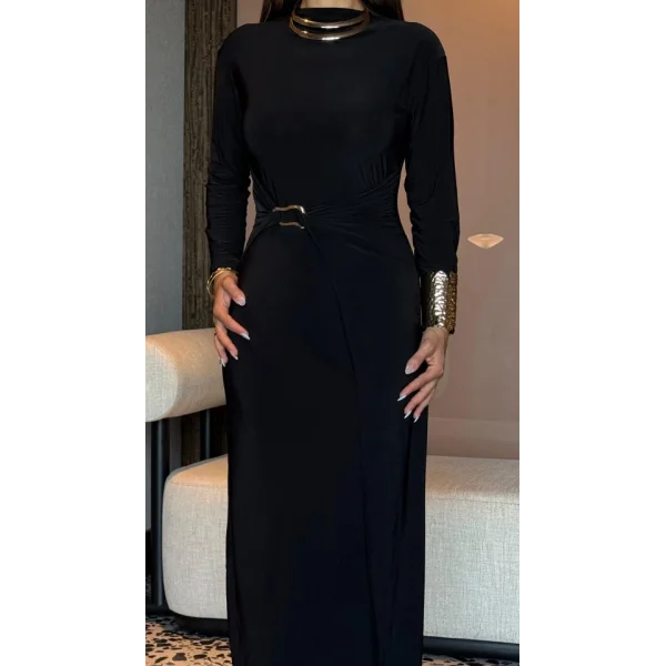 Kadın Balıkçı Yaka Toka Detay Sandy Kumaş Midi Boy Elbise