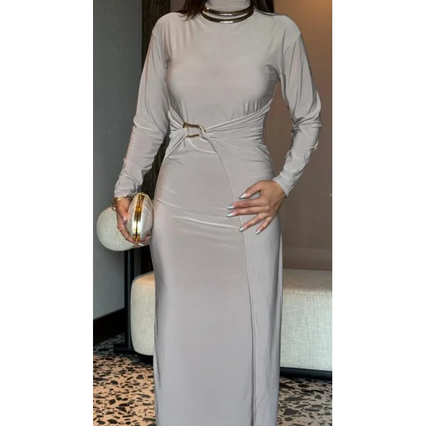 Kadın Balıkçı Yaka Toka Detay Sandy Kumaş Midi Boy Elbise