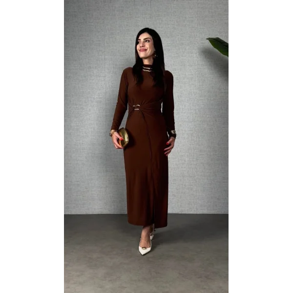 Kadın Balıkçı Yaka Toka Detay Sandy Kumaş Midi Boy Elbise