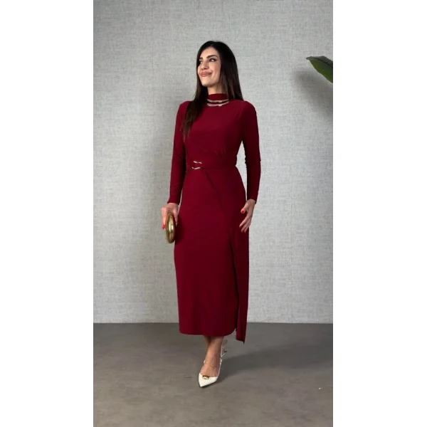 Kadın Balıkçı Yaka Toka Detay Sandy Kumaş Midi Boy Elbise