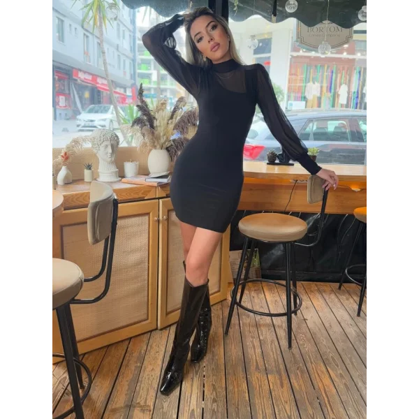 Kadın Balıkçı Yaka Transparan Detay Fırsat ürün andy Kumaş ini Elbise