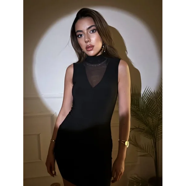 Kadın Balıkçı Yaka Tül Detay Kolsuz Mini Elbise