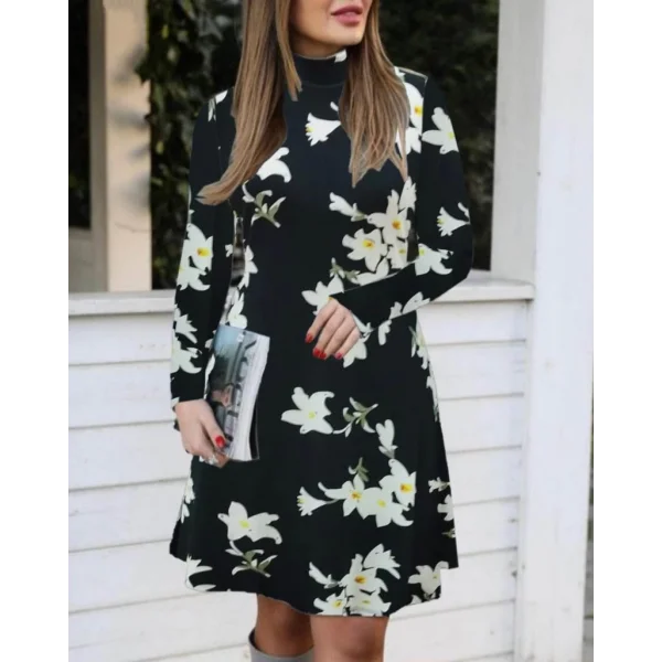 Kadın Balıkçı Yaka Uzun Kollu çiçek Desenli Krep Elbise