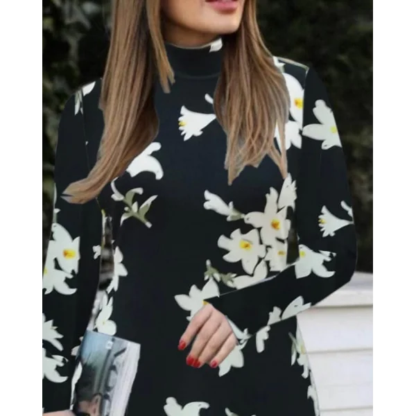 Kadın Balıkçı Yaka Uzun Kollu çiçek Desenli Krep Elbise