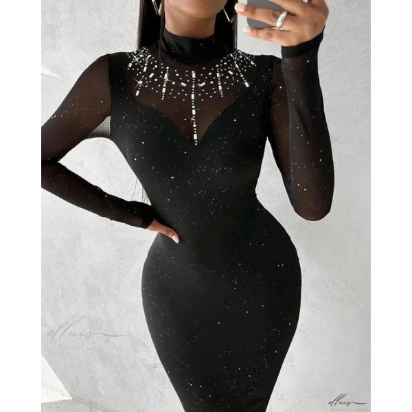 Kadın Balıkçı Yaka Uzun Kollu Rahat Param Ve Taş Detay Midi Boy Elbise