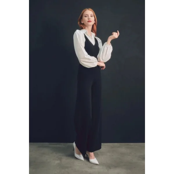 Kadın Balon Kol Gömlek Detay Kemerli Tulum