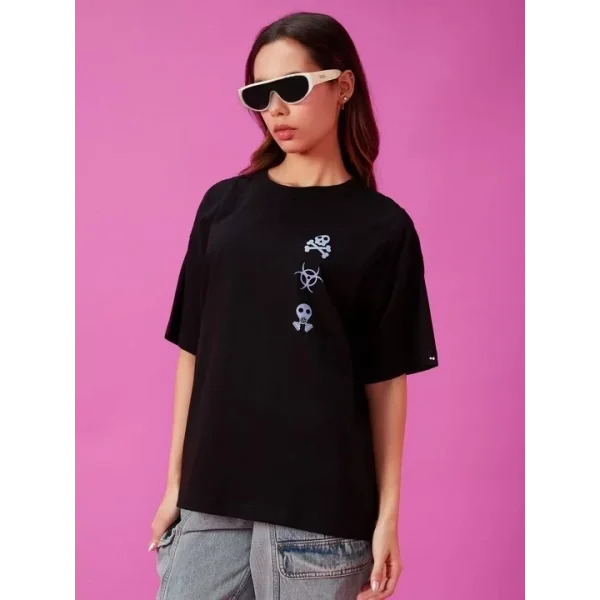 Kadın Baskılı Oversize T-shirt - Siyah