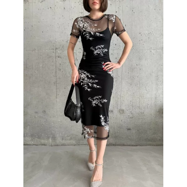 Kadın Baskılı Şifon Kimono Elbise - Siyah