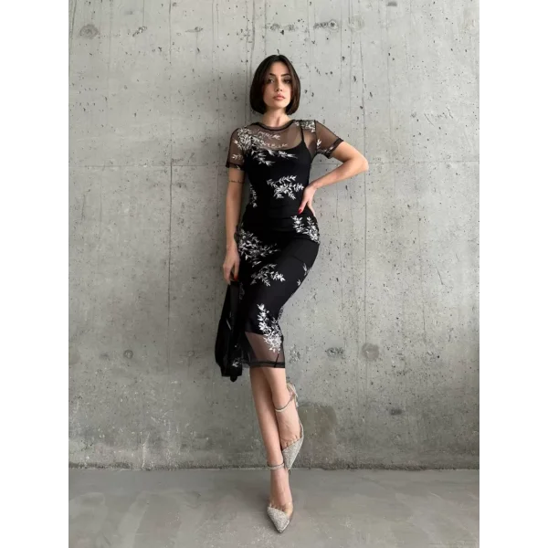 Kadın Baskılı Şifon Kimono Elbise - Siyah