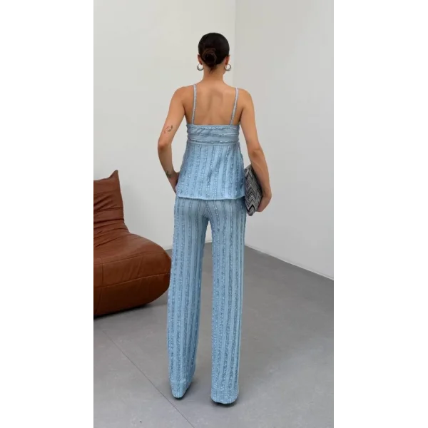 Kadın Bebe Mavisi Dokulu Askılı Üst Ve Bol Paça Pantolon 2’li Takım