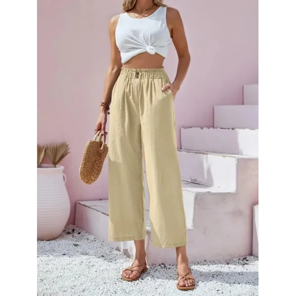Kadın Bel Büzgü Ve Düğme Detay Kapri Keten Pantolon